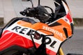 Honda Africa Twin detail with logo HRC Repsol on motorcycle motor bike in street new