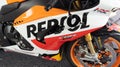 Honda cbr 1000 rr r fire blade detail with logo HRC Repsol on motorcycle motor side