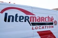 Intermarche location logo and text sign on side truck panel detail rent van