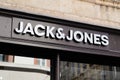 Jack & jones text logo and sign front of shop facade fashion entrance store