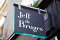 Jeff de bruges logo brand and text sign of bakery chocolaterie storefront from Belgium