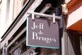 jeff de bruges logo brand and text sign front of bakery store of french chocolate