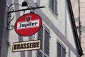 Jupiler logo and text sign beer front of pub local bar restaurant of famous Belgian