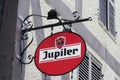 Jupiler logo and text sign of belgium beer front of pub local bar restaurant Belgian