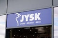 Jysk logo and sign text of store Danish furniture and interior retail shop
