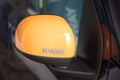 k-way logo brand and text sign on rear car mirror french citroen limited edition of