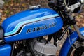 Kawasaki logo brand and text sign on ancient retro motorcycle vintage blue petrol