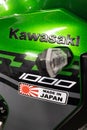 Kawasaki 1000 made in japan logo sign motorcycle text brand bike green petrol tank Royalty Free Stock Photo
