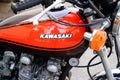 Kawasaki text brand of motorcycle Classic sign logo on japan motorbike fuel tank Royalty Free Stock Photo