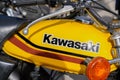 Kawasaki text brand of motorcycle Classic sign logo on japan vintage motorbike tank Royalty Free Stock Photo