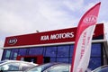 Bordeaux , Aquitaine / France - 07 07 2020 : Kia car logo sign on flag front of dealership of Korean brand of automotive