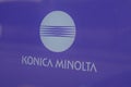 Konica Minolta logo brand and text sign on windows office building of Japanese Royalty Free Stock Photo