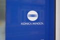 Konica Minolta logo and text sign on wall office building of Japanese technology Royalty Free Stock Photo