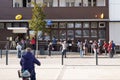 La poste french bank and post in france people standing in line due coronavirus