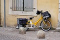 La poste yellow bike post with gitane text sign and logo brand in France