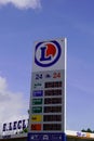 Leclerc logo and text sign front of gas service station store E.Leclerc supermarket