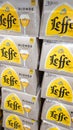 Leffe Belgian beer sign logo and text brand on advertising shop supermarket