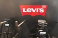 Levi`s Jeans belt display logo brand and red sign text of fashion clothes levis store