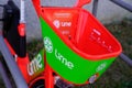 Lime app sign brand and text logo on rent bike e-Scooter rental electric scooter