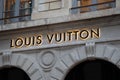 Louis Vuitton facade logo store sign boutique text shop Luxury brand text handbags and Royalty Free Stock Photo