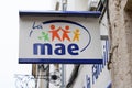 Mae logo brande facade and text sign of French insurance for teacher in wall agency