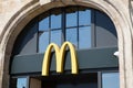 McDonald\'s sign text and brand logo entrance Restaurant Exterior of McDonalds fast