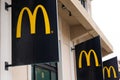McDonald`s sign text logo on Restaurant Exterior of McDonalds fast food