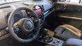 Mini e electric car front interior dashboard inside leather seats of cooper