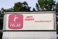 Mondial Relay sign and text logo on truck panel van of shop delivery parcel post