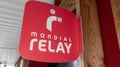 Mondial Relay text sign and brand logo front of shop custodian affiliate store