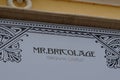 Mr Bricolage sign text vintage old school logo retro brand on city store building shop