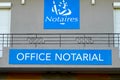 Notaires office notarial text and logo sign of french notary office blue panel front