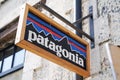 Patagonia logo brand and text sign on facade shop fashion clothes entrance store