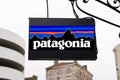 Patagonia logo brand and text sign on facade wall fashion clothes entrance store