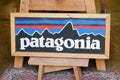 Patagonia logo brand and text sign on fashion clothes entrance store