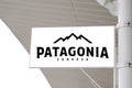 Patagonia logo text and sign above the entrance to the store