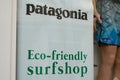 Patagonia store logo above the entrance to shop with text eco-friendly surfshop