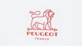 Peugeot sign brand and lion logo of vintage store car dealership shop garage