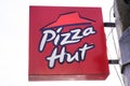 Pizza Hut sign text and brand red logo of Fastfood Casual pizzas Restaurant and take Royalty Free Stock Photo