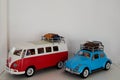 Playmobil beetle vw and type 2 split bus in toy vintage volkswagen campervan for kids Royalty Free Stock Photo