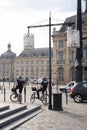 Bordeaux , Aquitaine / France - 11 07 2019 : bordeaux Police man on bikes Policeman uniforms on Bicycle on city street