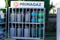 Primagaz text sign logo on grill closed store point of sale stand shop