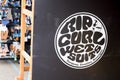 Rip curl logo brand and text sign facade shop of surf board store fashion
