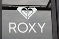 Roxy logo brand and text sign of surf fashion shop for women part of Quiksilver group