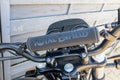 Royal Enfield black motorcycle handlebar logo brand and text sign of vintage indian Royalty Free Stock Photo
