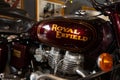 Royal Enfield bullet logo brand and text sign on Indian motorbike steel tank of