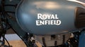 Royal Enfield bullet logo sign on Indian motorbike steel tank of vintage historical