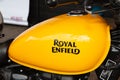 Royal Enfield meteor brand logo and sign text on 350 motorcycle fuel tank of vintage Royalty Free Stock Photo