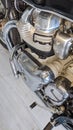 Royal Enfield motorcycle detail silver chrome closeup side engine of motor classic Royalty Free Stock Photo