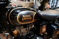 Royal Enfield motorcycle fuel tank black with golden emblem of vintage limited